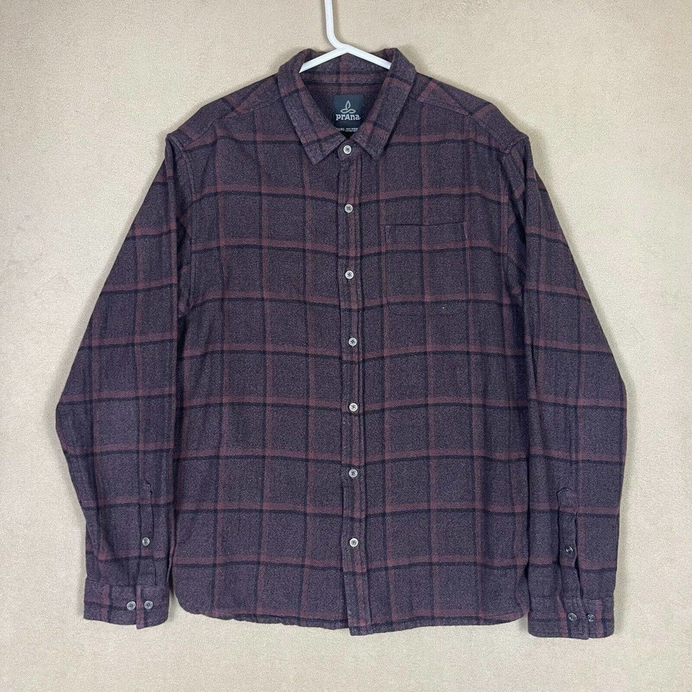 Prana Mens XL Long Sleeve Button Up Flannel Shirt Brown Plaid Chest Pocket
